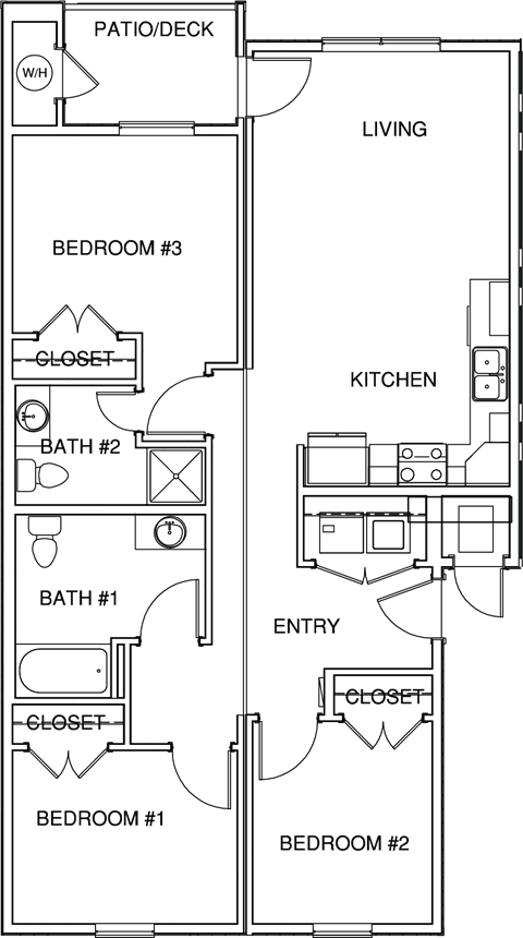 Floor plan for 3 beds, 2 baths, 1125 sqft